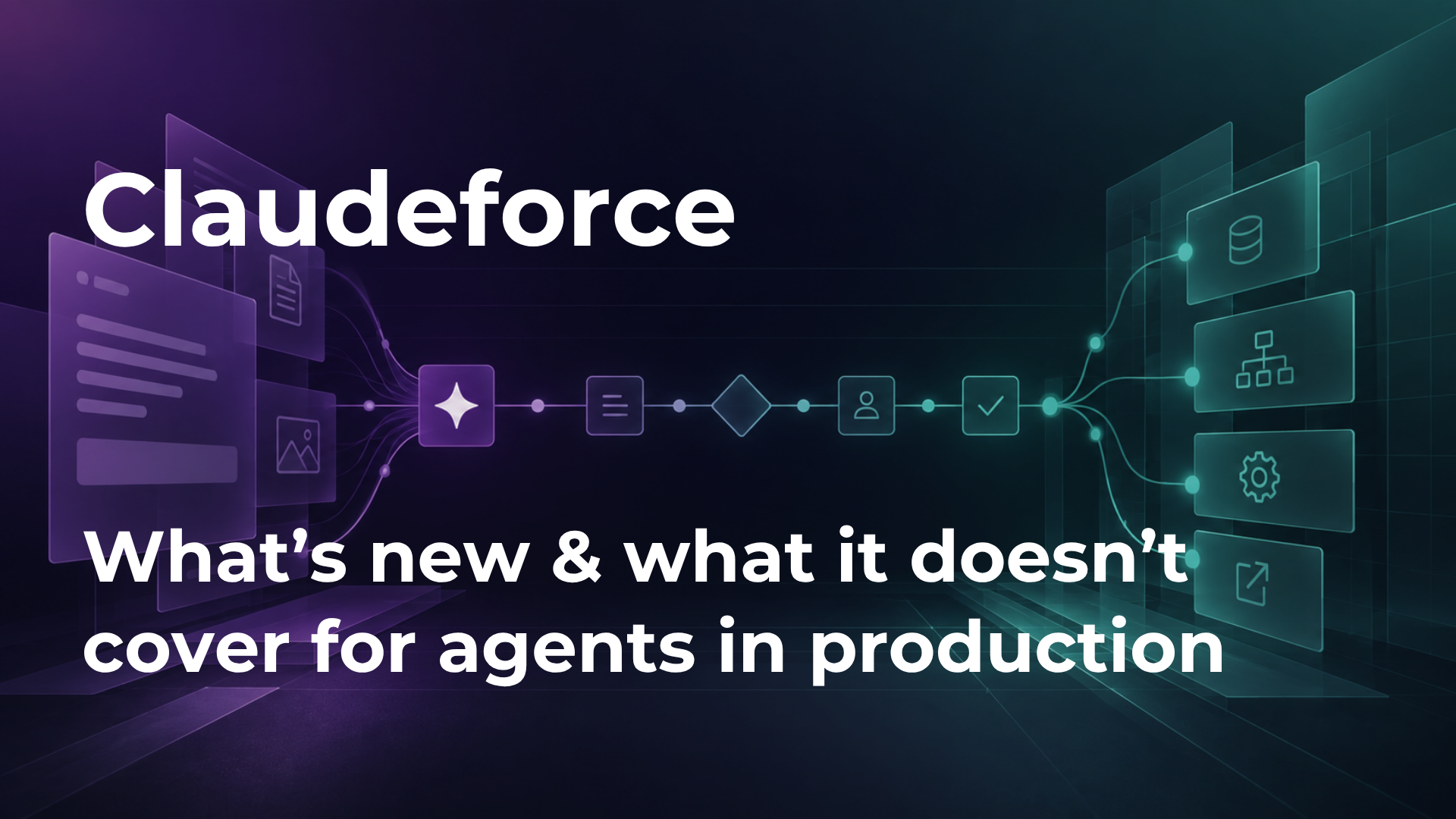 Claudeforce article cover: a workflow running left to right from documents through an AI step and deterministic steps into connected systems.